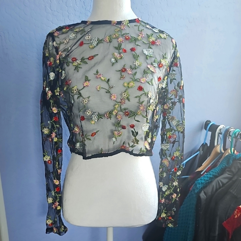 Floral Embroidered Sheer Black Top US Size 12